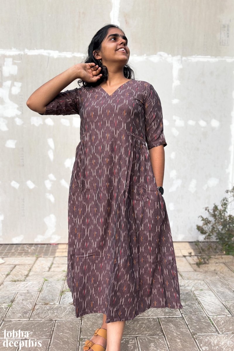 Coffee Ikkat Side Pleated Dress - Lobha Deepthis