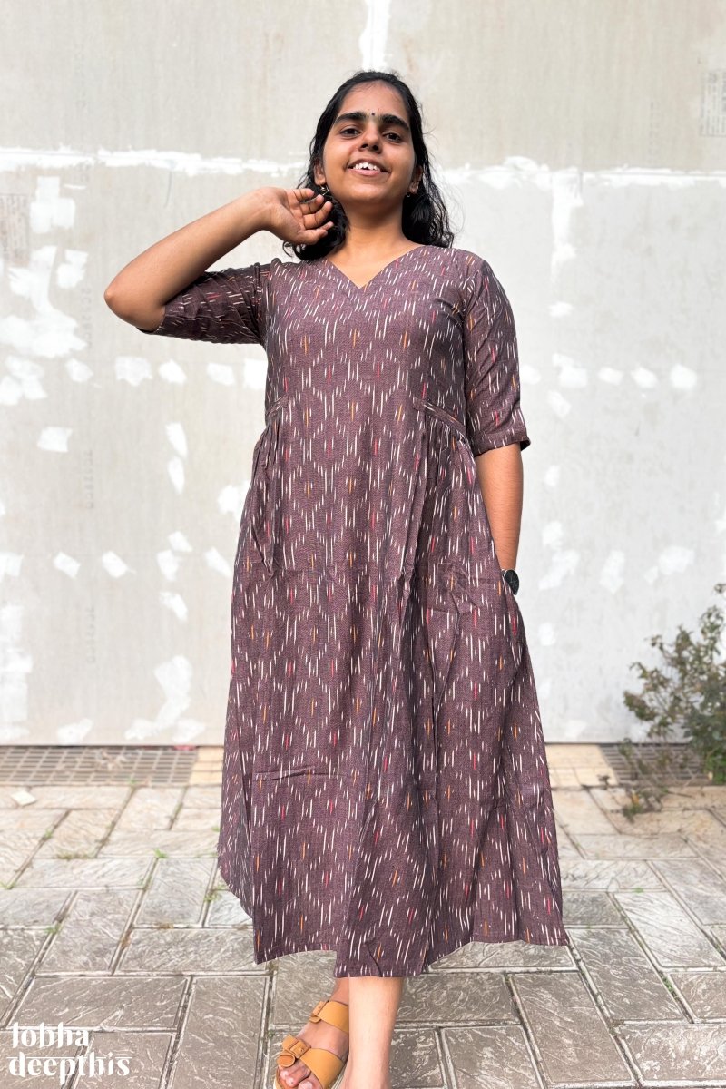 Coffee Ikkat Side Pleated Dress - Lobha Deepthis