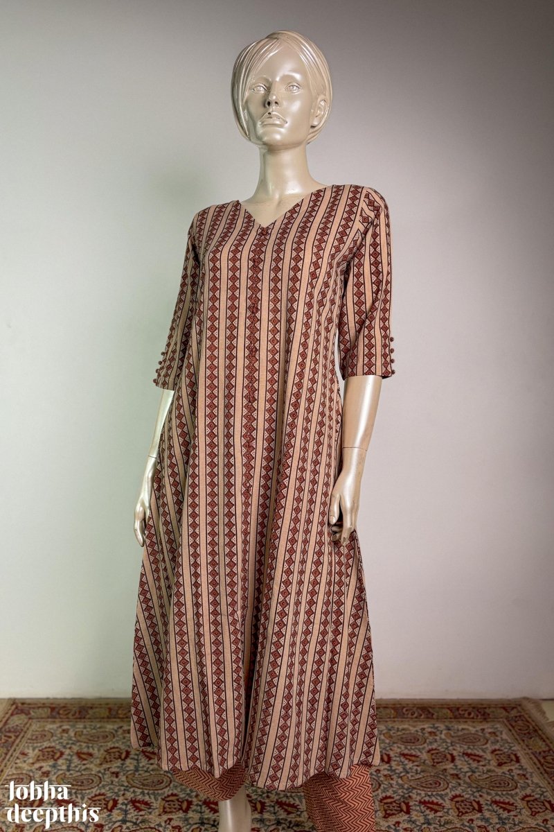 Cream Earthen Stripes Aline Kurta - Lobha Deepthis