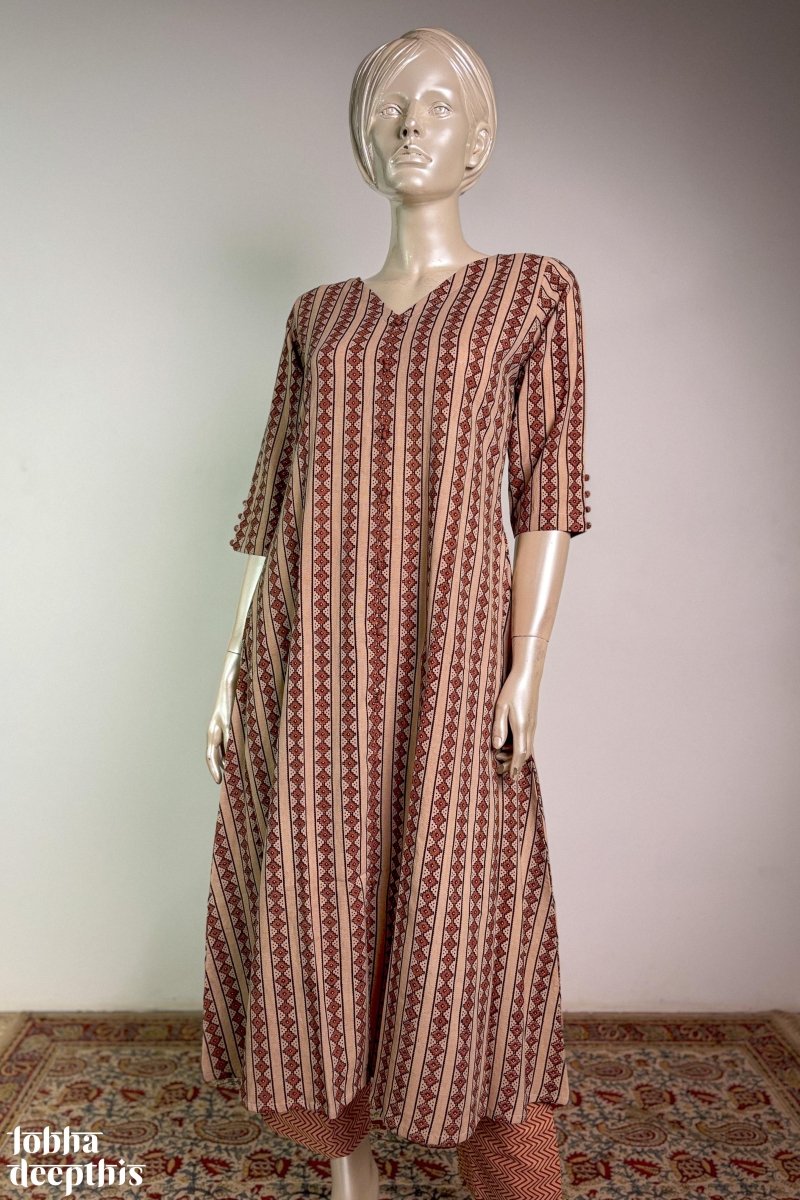 Cream Earthen Stripes Aline Kurta - Lobha Deepthis