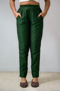 Dark Olive Slub Silk Pencil Pants - Lobha Deepthis