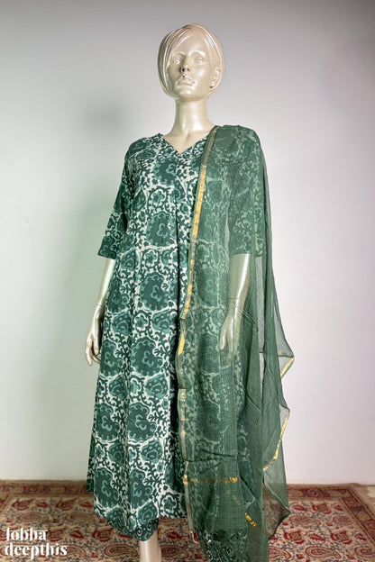 Dusty Green Bagru Box Pleated Kurta - Lobha Deepthis