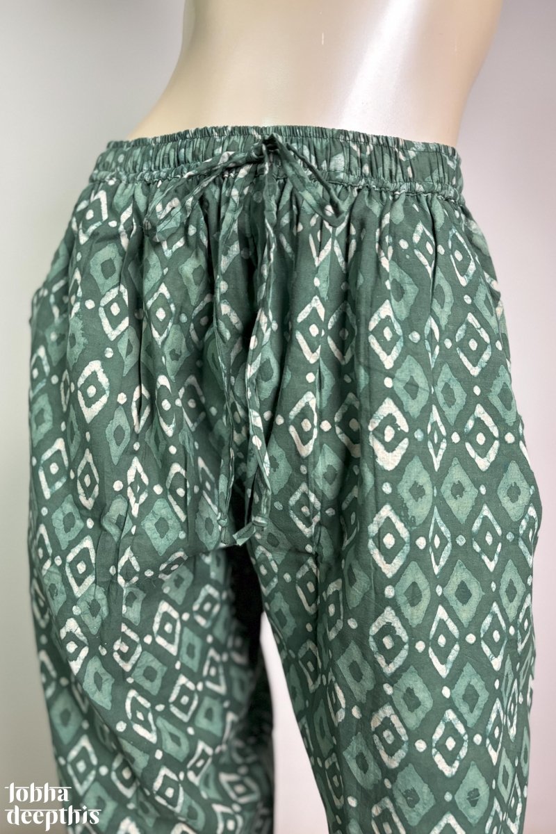 Dusty Green Bagru Cotton Straight Pants - Lobha Deepthis