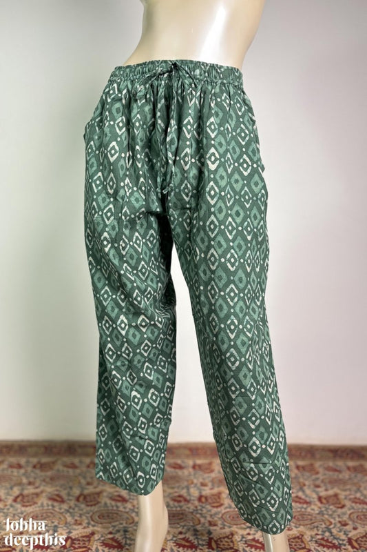 Dusty Green Bagru Cotton Straight Pants - Lobha Deepthis