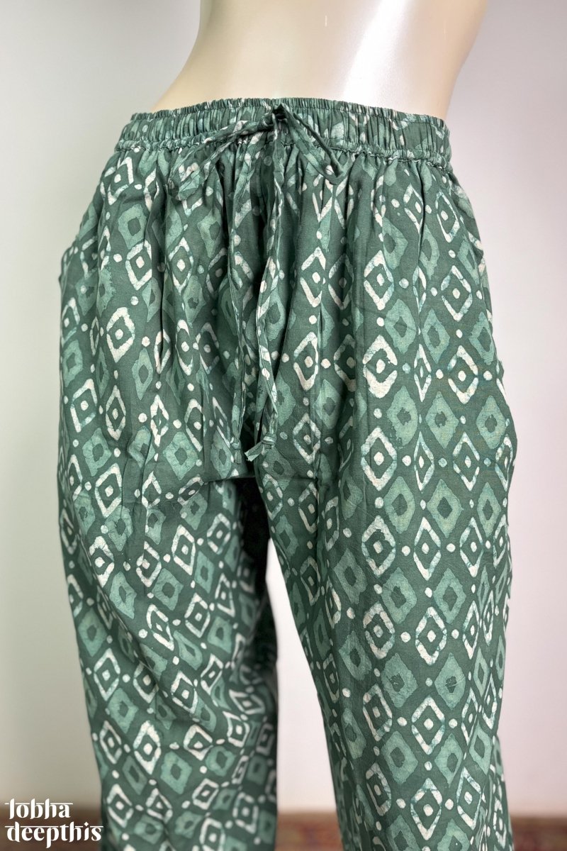 Dusty Green Bagru Cotton Straight Pants - Lobha Deepthis