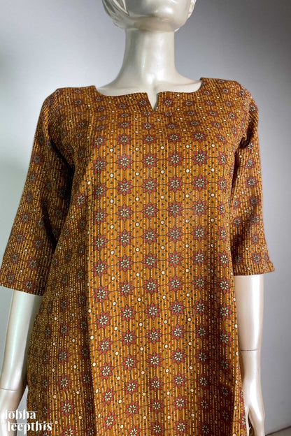 Dusty Yellow Kantha Florals Straight Kurta - Lobha Deepthis