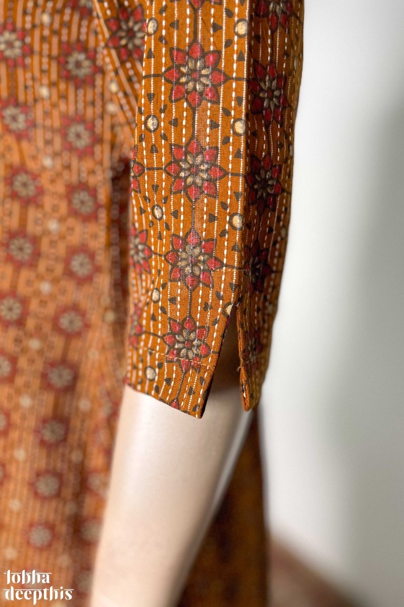 Dusty Yellow Kantha Florals Straight Kurta - Lobha Deepthis