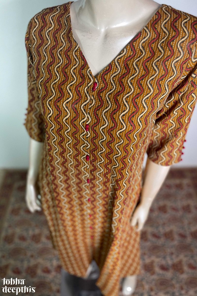 Dusty Yellow Kantha Stripes Aline Kurta - Lobha Deepthis