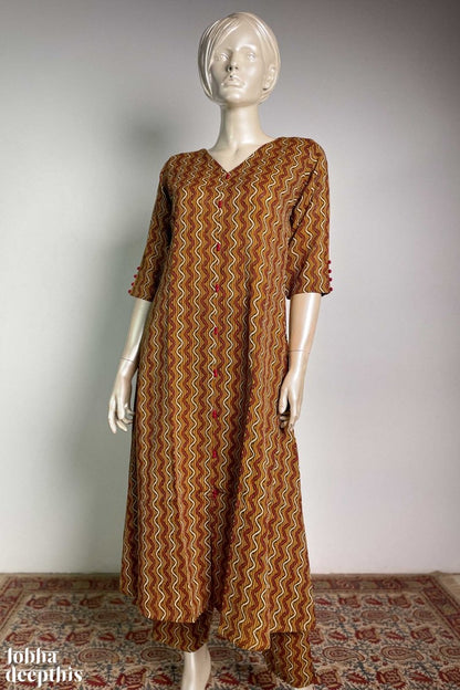 Dusty Yellow Kantha Stripes Aline Kurta - Lobha Deepthis