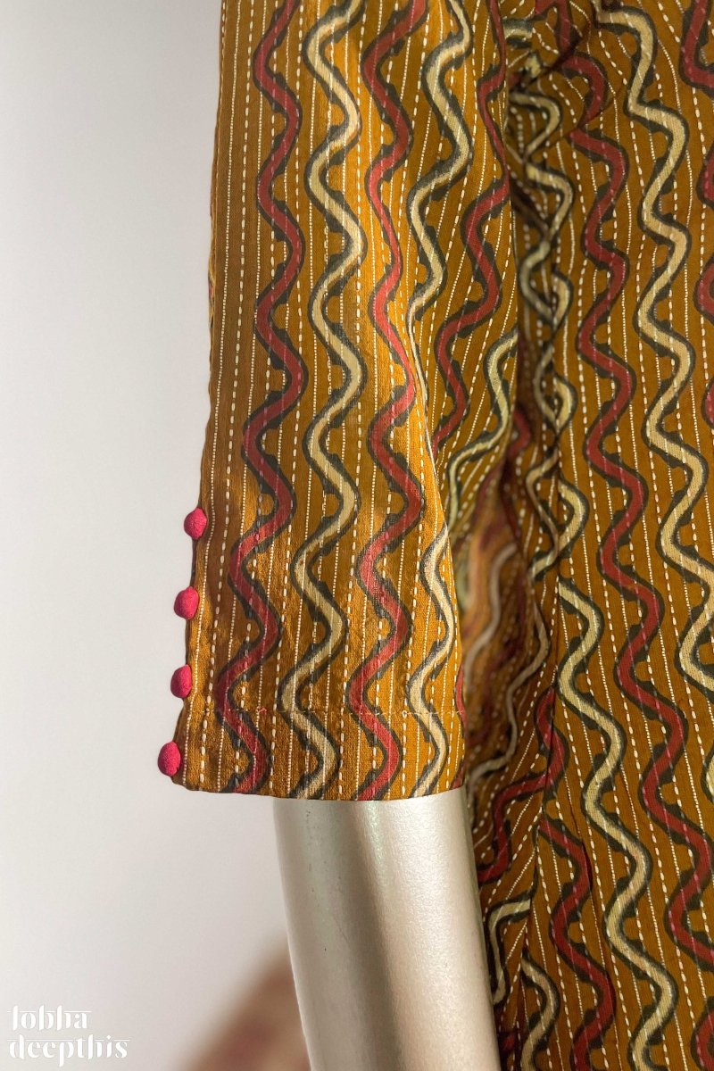 Dusty Yellow Kantha Stripes Aline Kurta - Lobha Deepthis