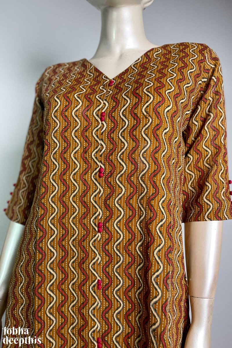 Dusty Yellow Kantha Stripes Aline Kurta - Lobha Deepthis