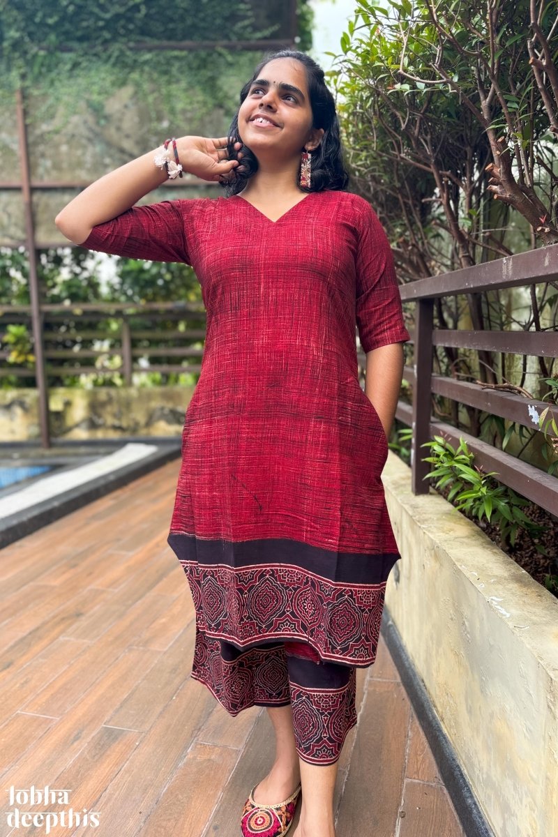 Earth Lines Red Short Kurta and Palazzo Co - ord Set - Lobha Deepthis