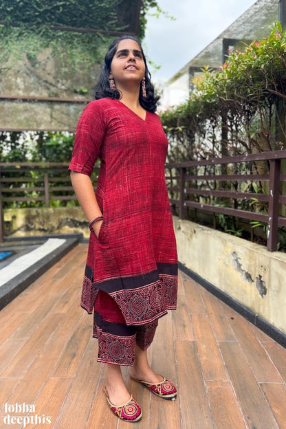 Earth Lines Red Short Kurta and Palazzo Co - ord Set - Lobha Deepthis