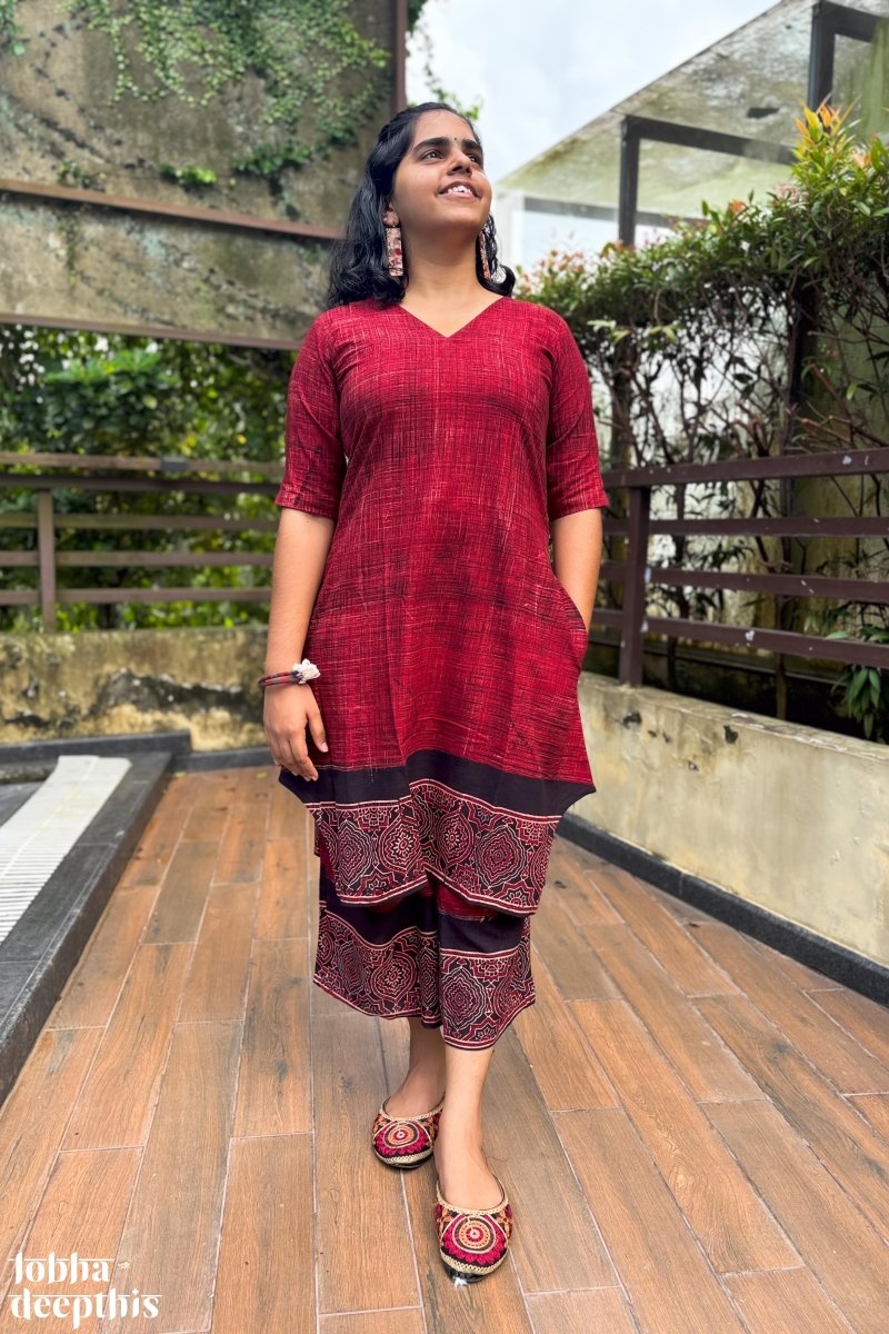 Earth Lines Red Short Kurta and Palazzo Co - ord Set - Lobha Deepthis