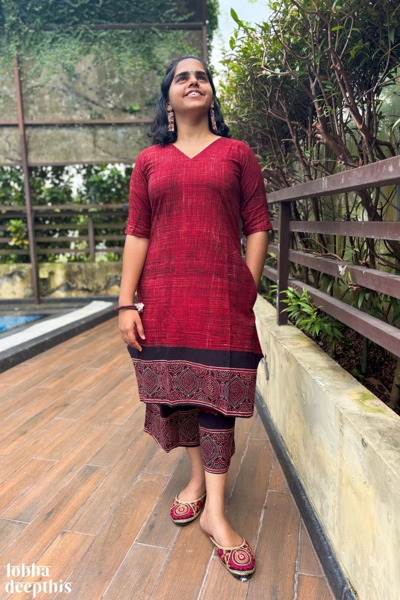 Earth Lines Red Short Kurta and Palazzo Co - ord Set - Lobha Deepthis