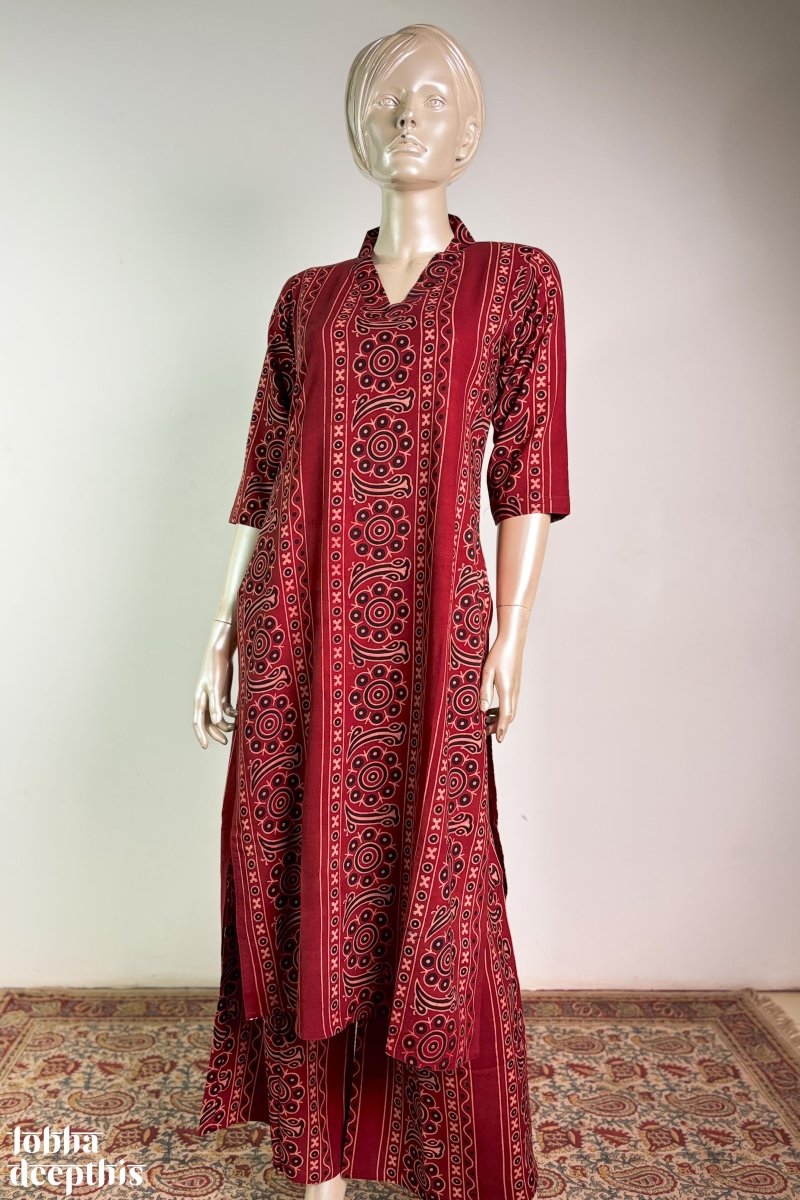 Earthen Blossoms Madder Red Straight Kurta - Lobha Deepthis