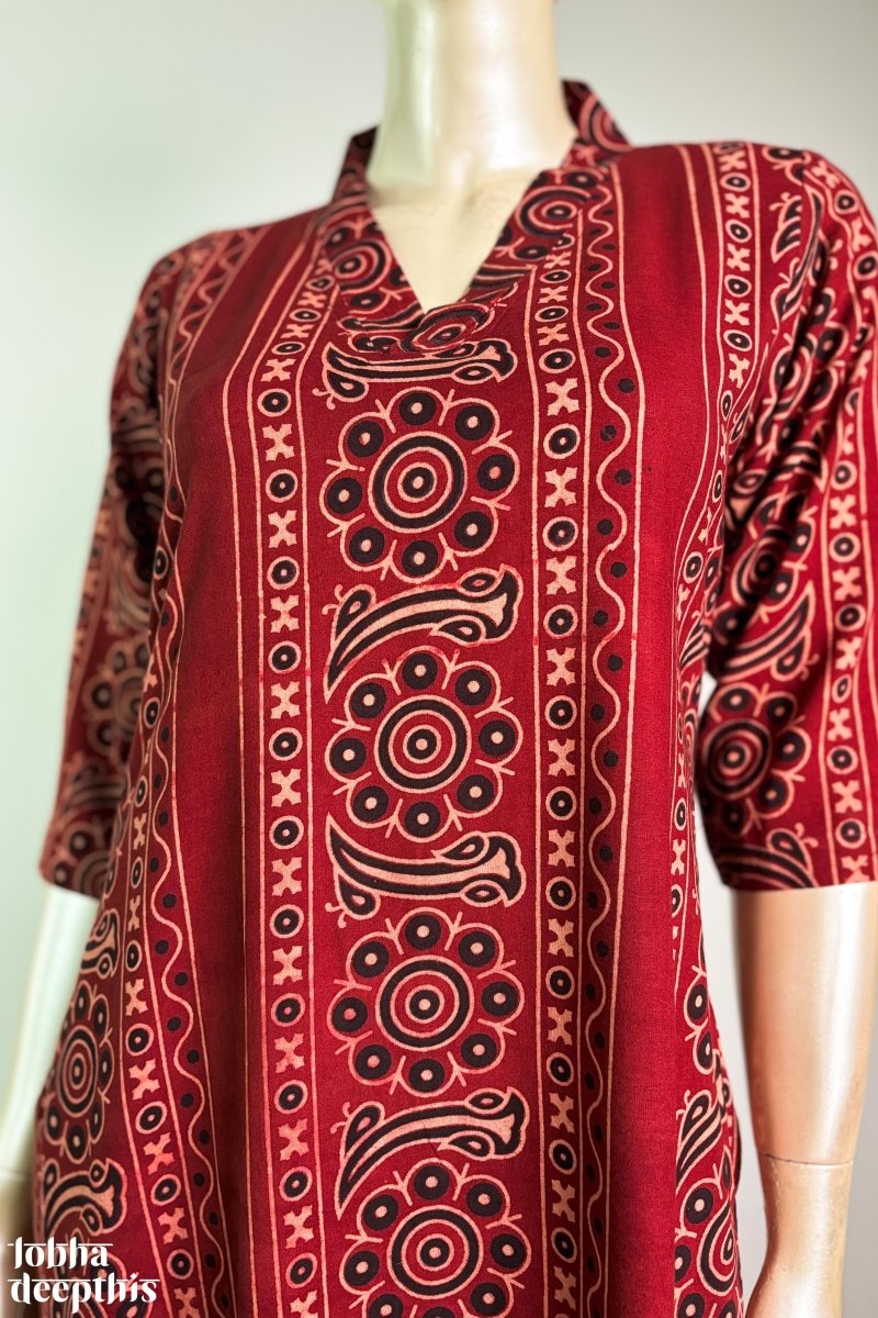 Earthen Blossoms Madder Red Straight Kurta - Lobha Deepthis