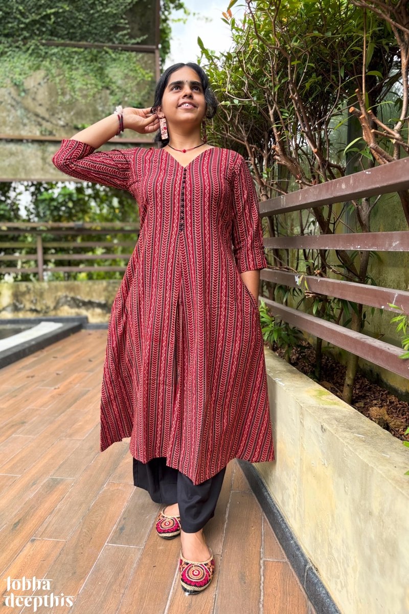 Earthen Lines Madder Red Box Pleated Kurta - Lobha Deepthis