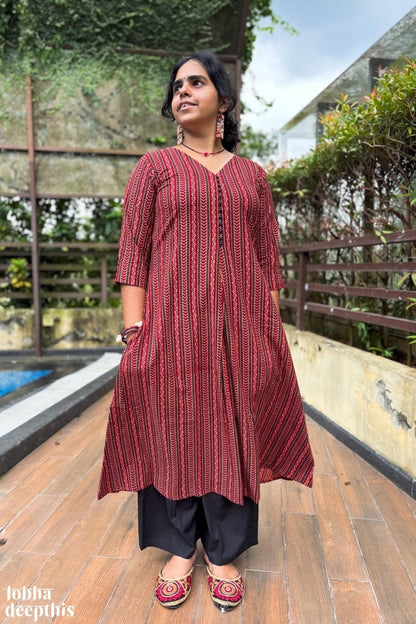 Earthen Lines Madder Red Box Pleated Kurta - Lobha Deepthis