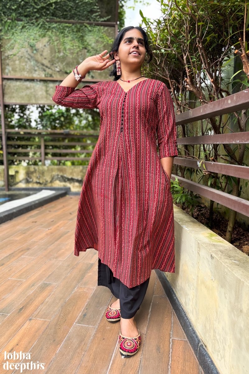 Earthen Lines Madder Red Box Pleated Kurta - Lobha Deepthis