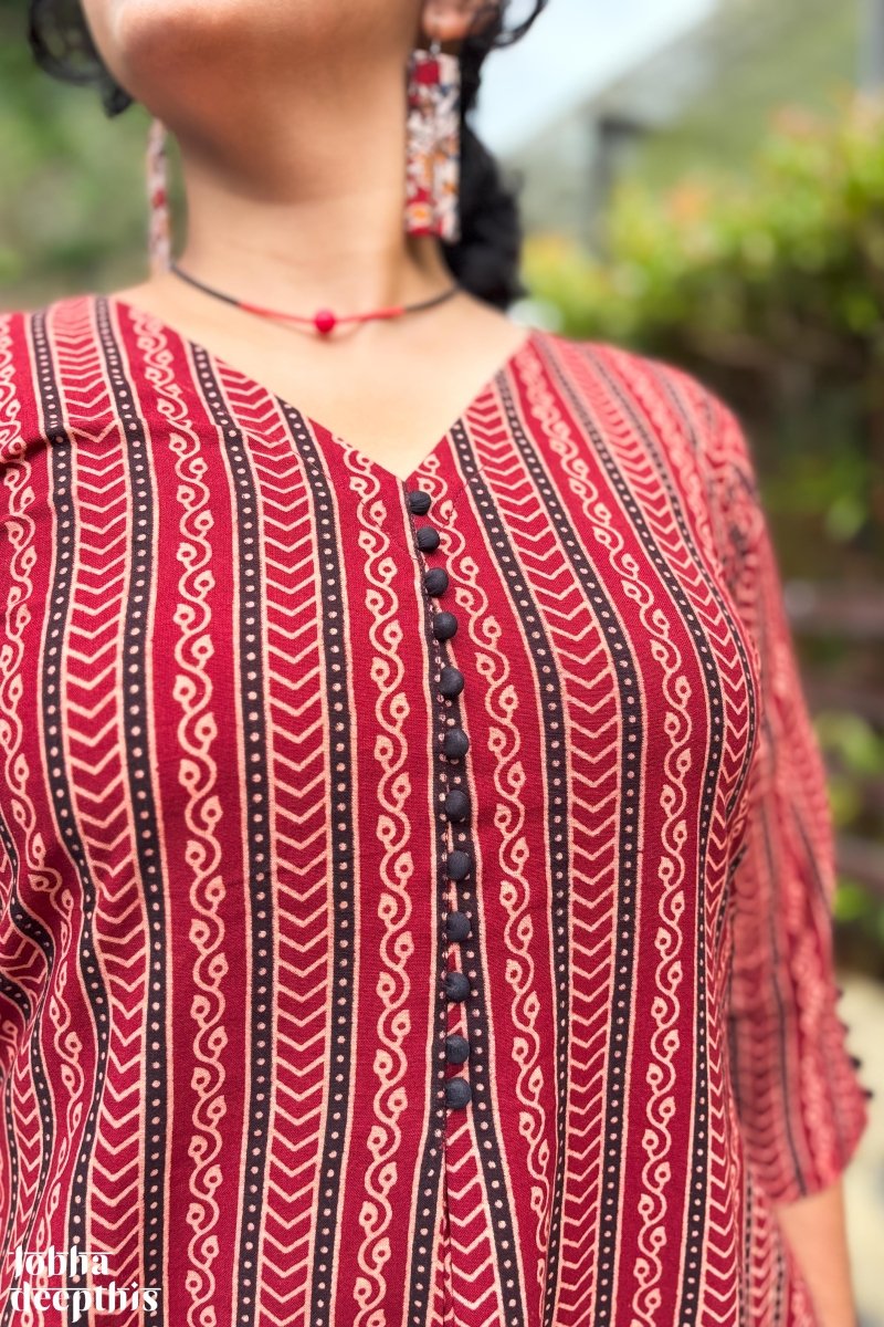 Earthen Lines Madder Red Box Pleated Kurta - Lobha Deepthis