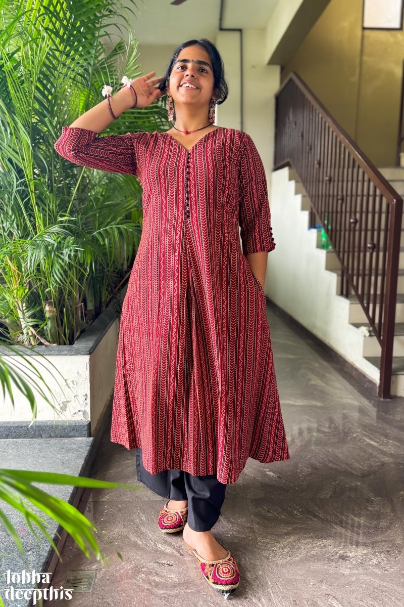 Earthen Lines Madder Red Box Pleated Kurta - Lobha Deepthis