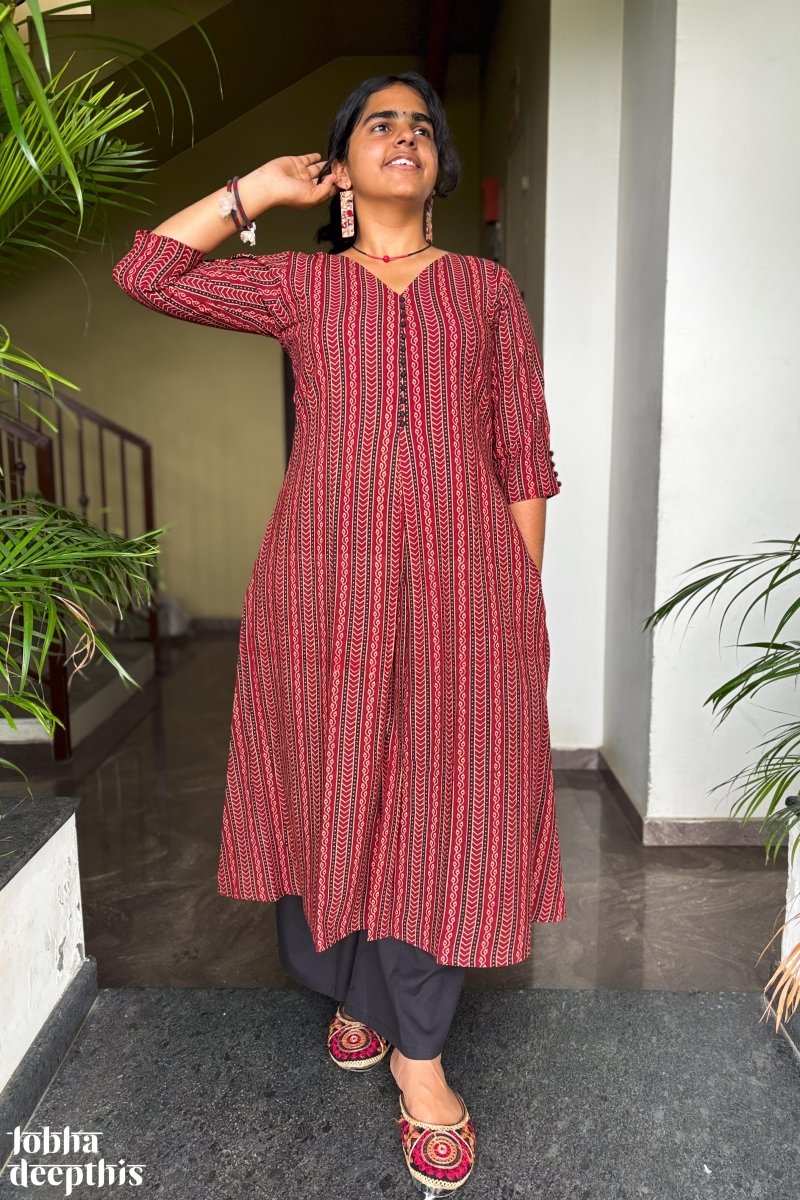 Earthen Lines Madder Red Box Pleated Kurta - Lobha Deepthis