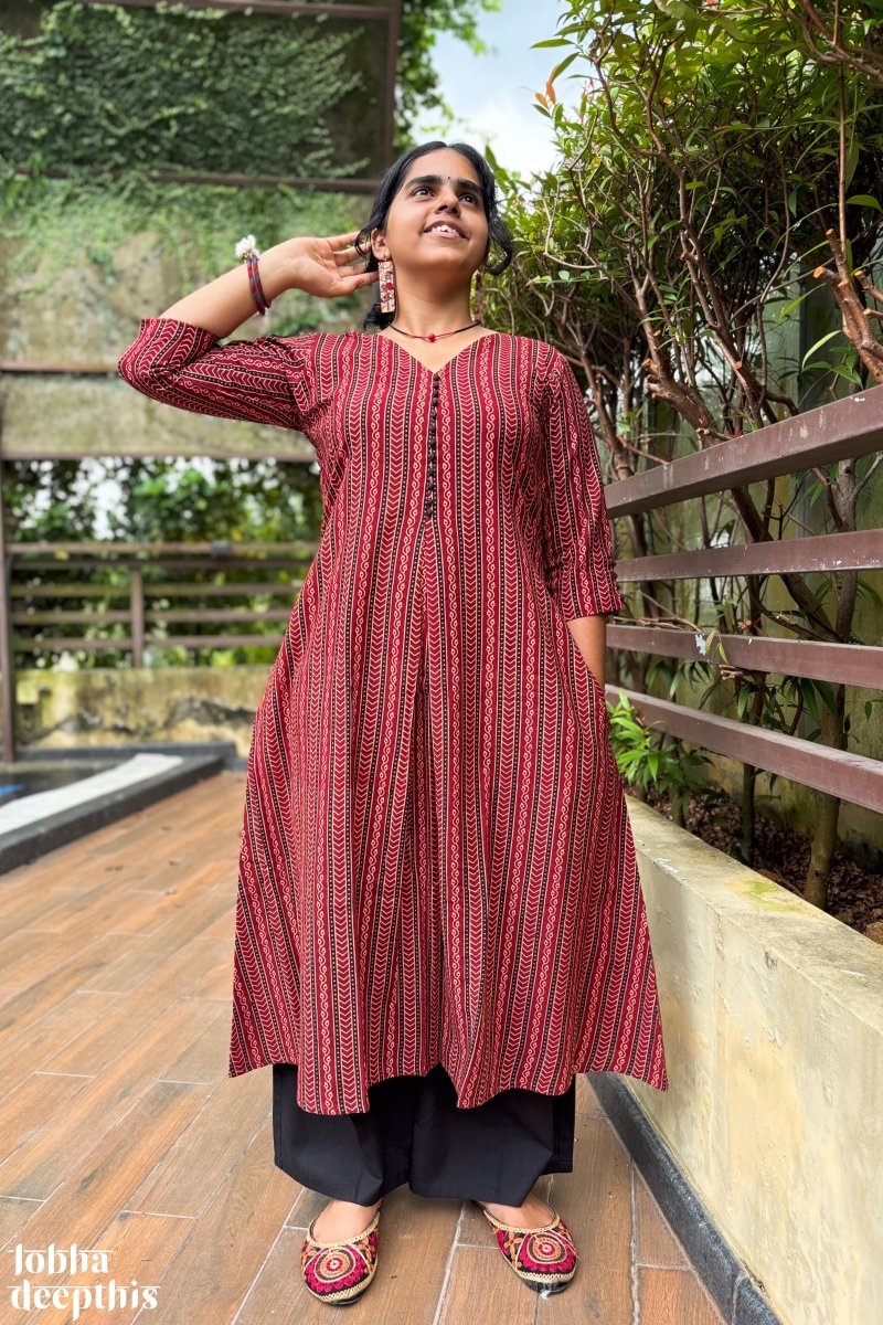 Earthen Lines Madder Red Box Pleated Kurta - Lobha Deepthis