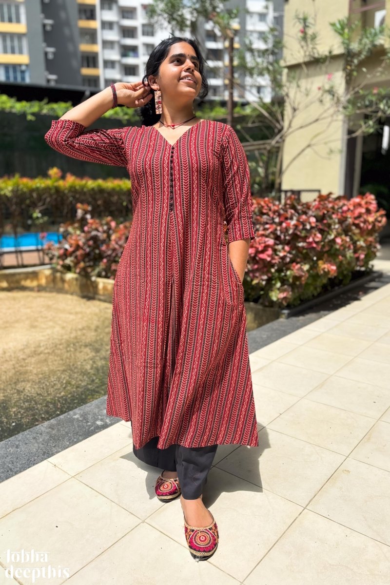 Earthen Lines Madder Red Box Pleated Kurta - Lobha Deepthis