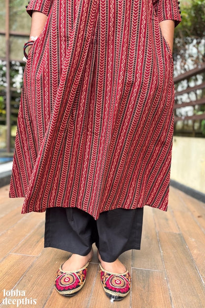 Earthen Lines Madder Red Box Pleated Kurta - Lobha Deepthis