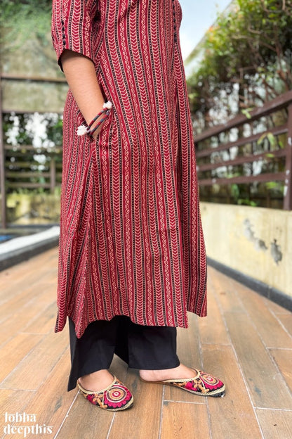 Earthen Lines Madder Red Box Pleated Kurta - Lobha Deepthis