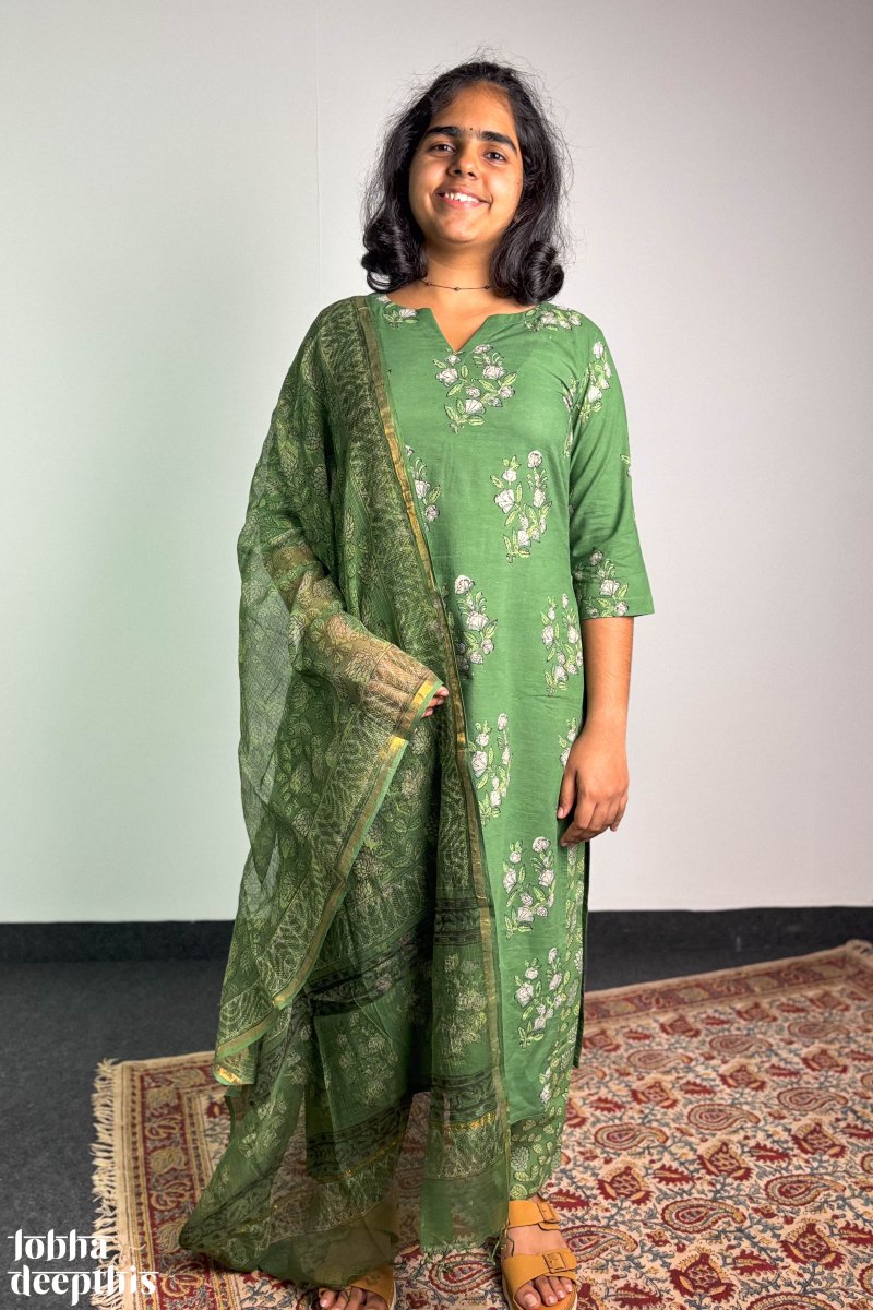 Emerald Blossoms Sanganeri Straight Kurta - Lobha Deepthis