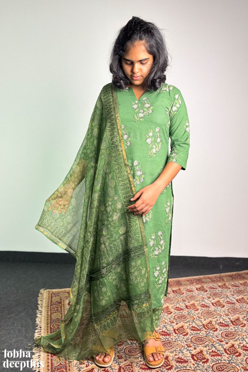 Emerald Blossoms Sanganeri Straight Kurta - Lobha Deepthis