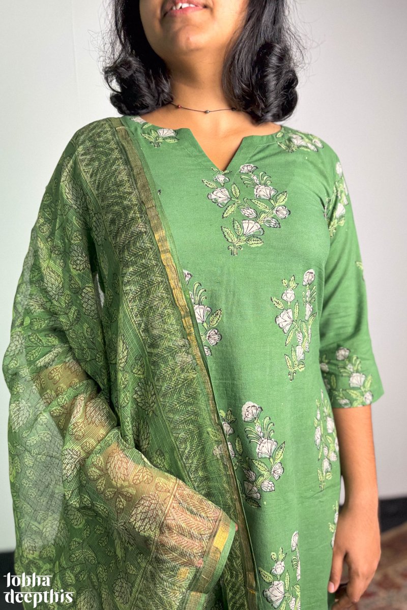 Emerald Blossoms Sanganeri Straight Kurta - Lobha Deepthis