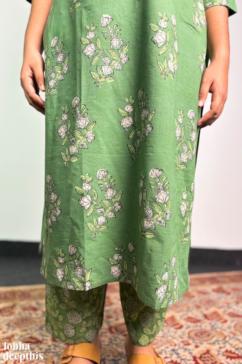 Emerald Blossoms Sanganeri Straight Kurta - Lobha Deepthis