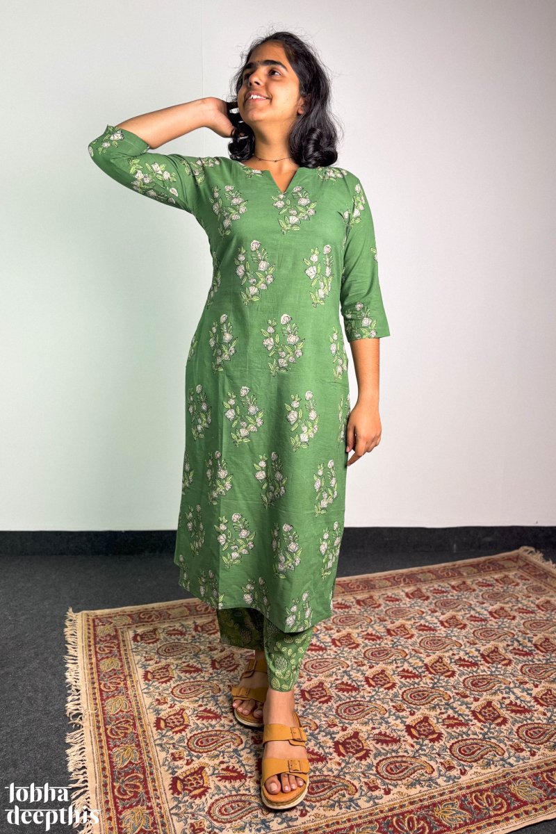 Emerald Blossoms Sanganeri Straight Kurta - Lobha Deepthis