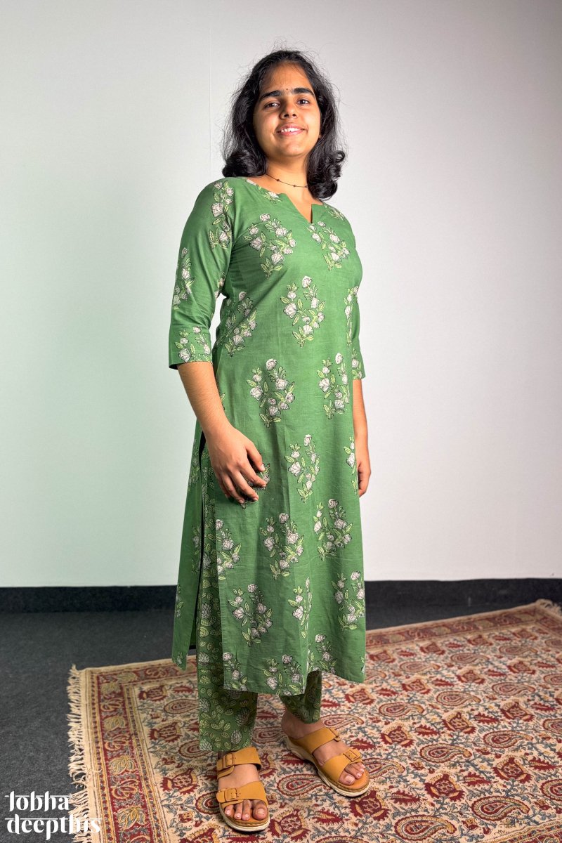 Emerald Blossoms Sanganeri Straight Kurta - Lobha Deepthis