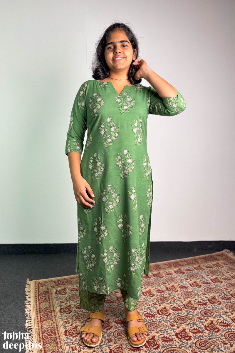 Emerald Blossoms Sanganeri Straight Kurta - Lobha Deepthis