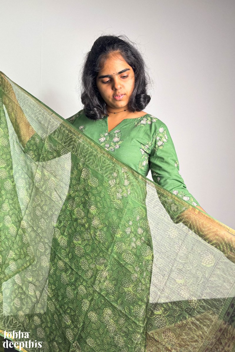 Emerald Blossoms Sanganeri Straight Kurta - Lobha Deepthis