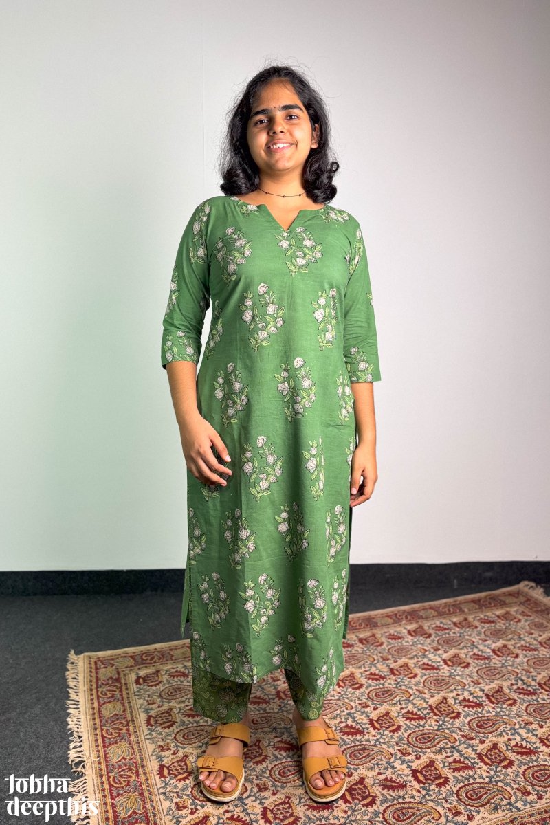 Emerald Blossoms Sanganeri Straight Kurta - Lobha Deepthis