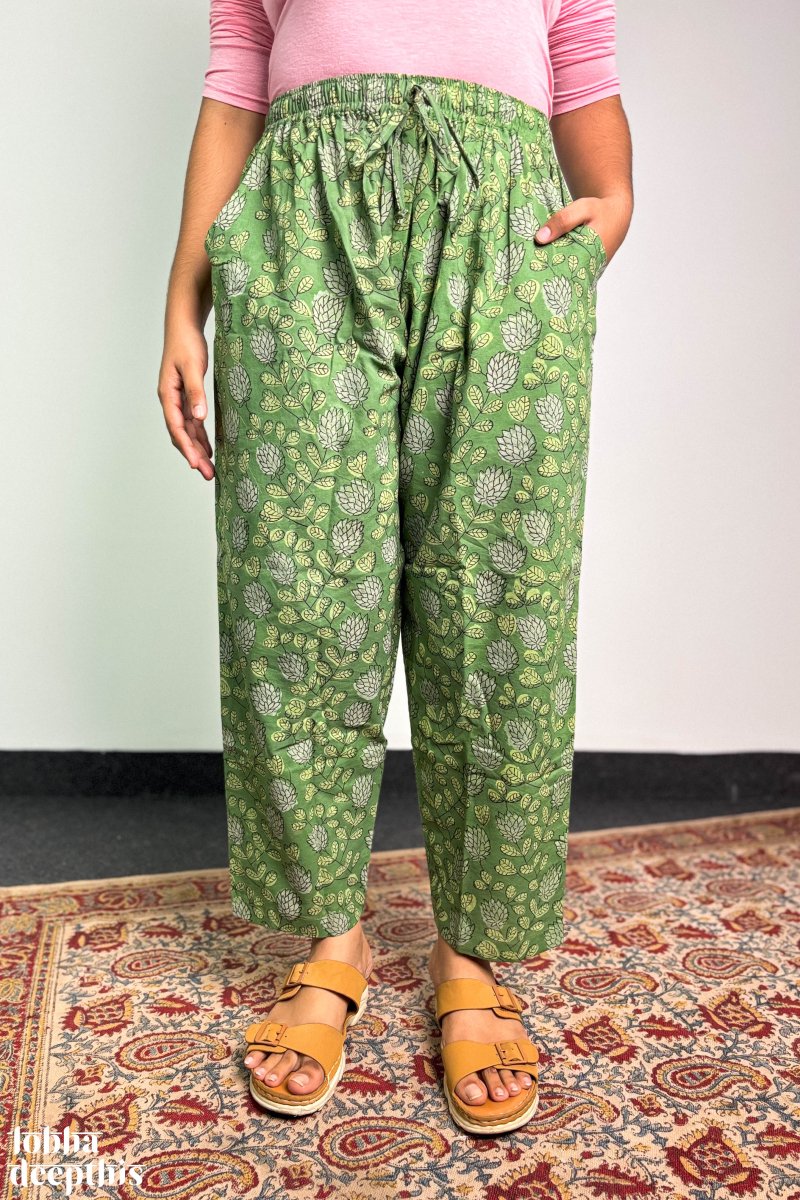 Emerald Green Sanganeri Florals Straight Pants - Lobha Deepthis