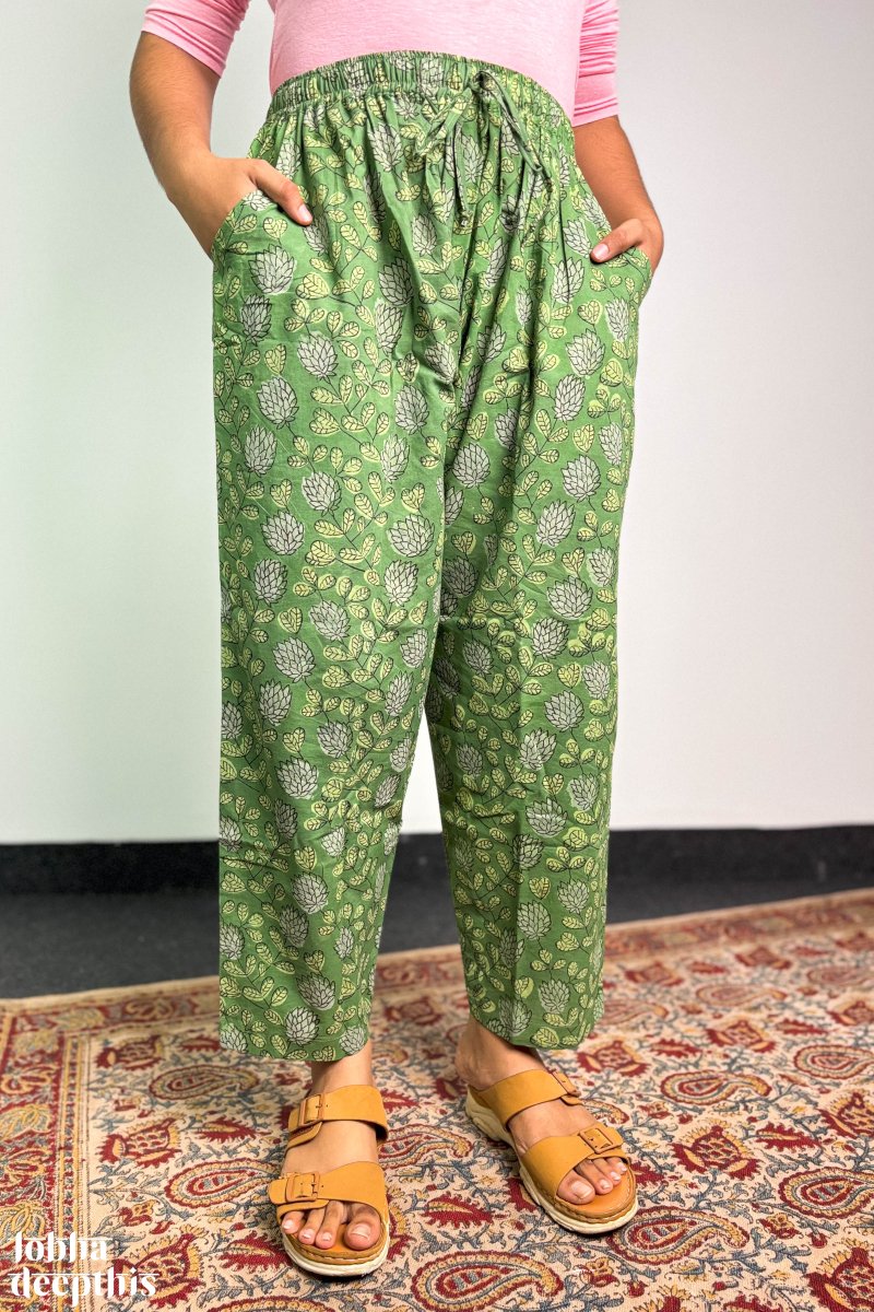 Emerald Green Sanganeri Florals Straight Pants - Lobha Deepthis