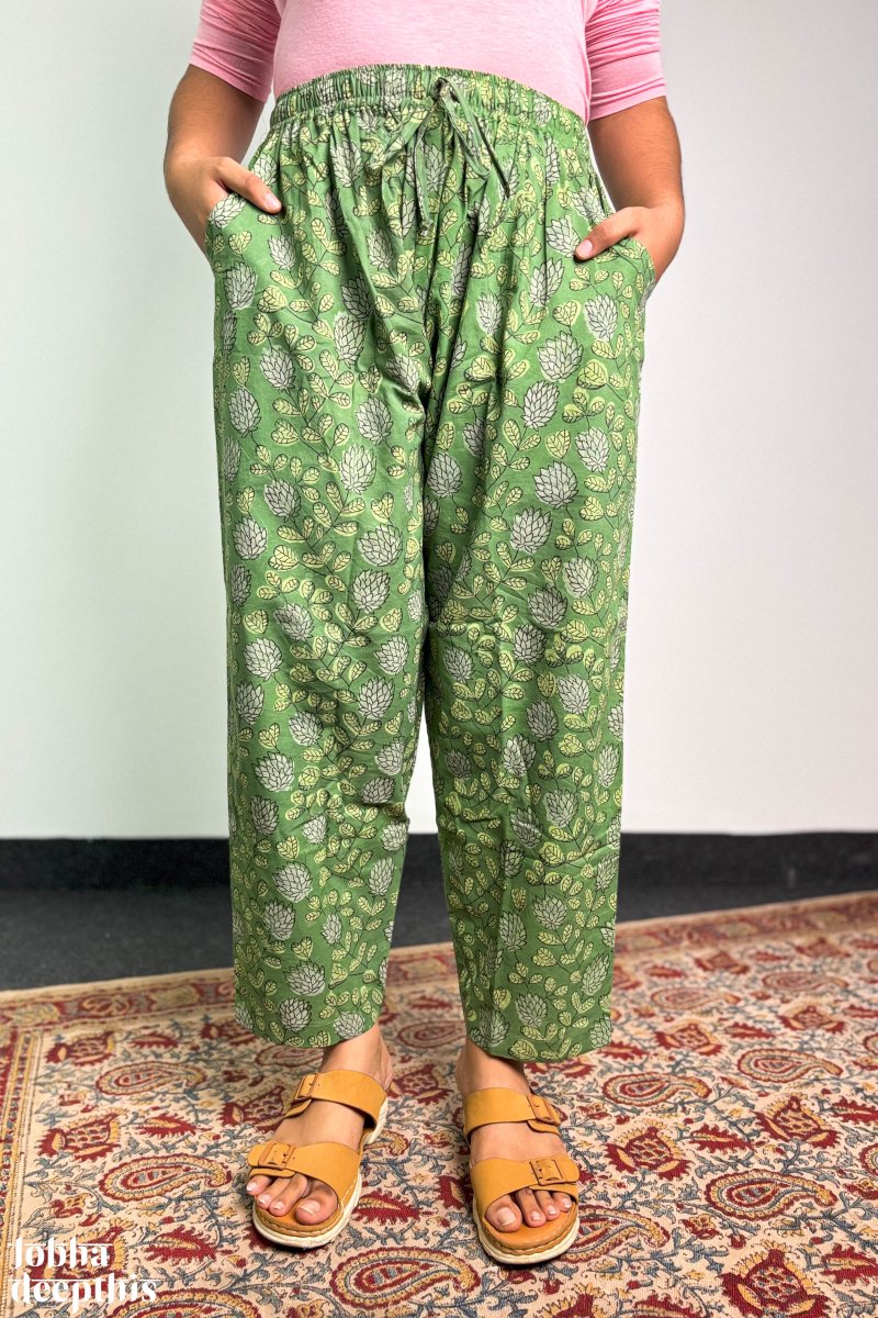 Emerald Green Sanganeri Florals Straight Pants - Lobha Deepthis