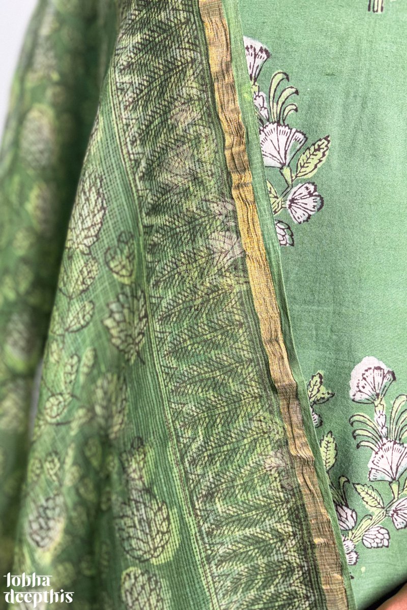 Emerald Green Sanganeri Kota Doria Dupatta - Lobha Deepthis