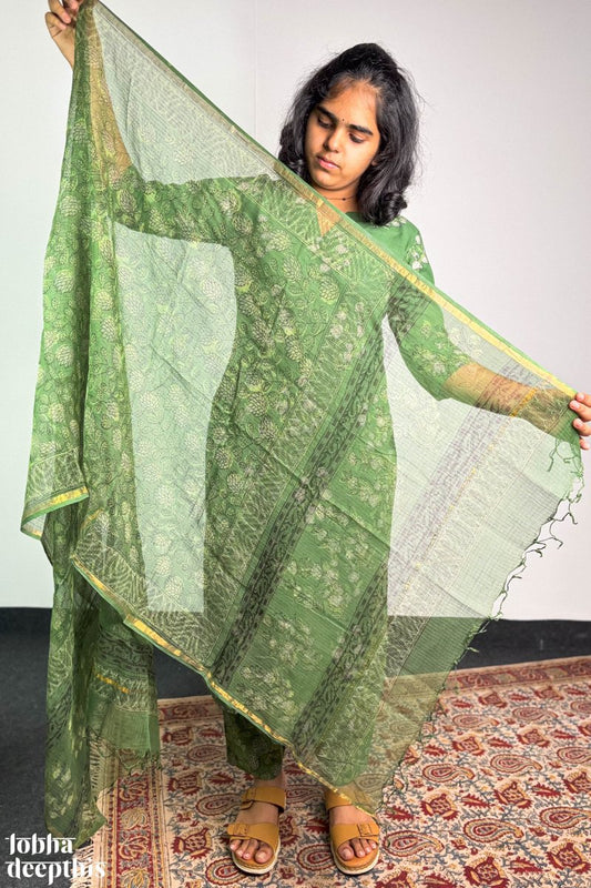 Emerald Green Sanganeri Kota Doria Dupatta - Lobha Deepthis