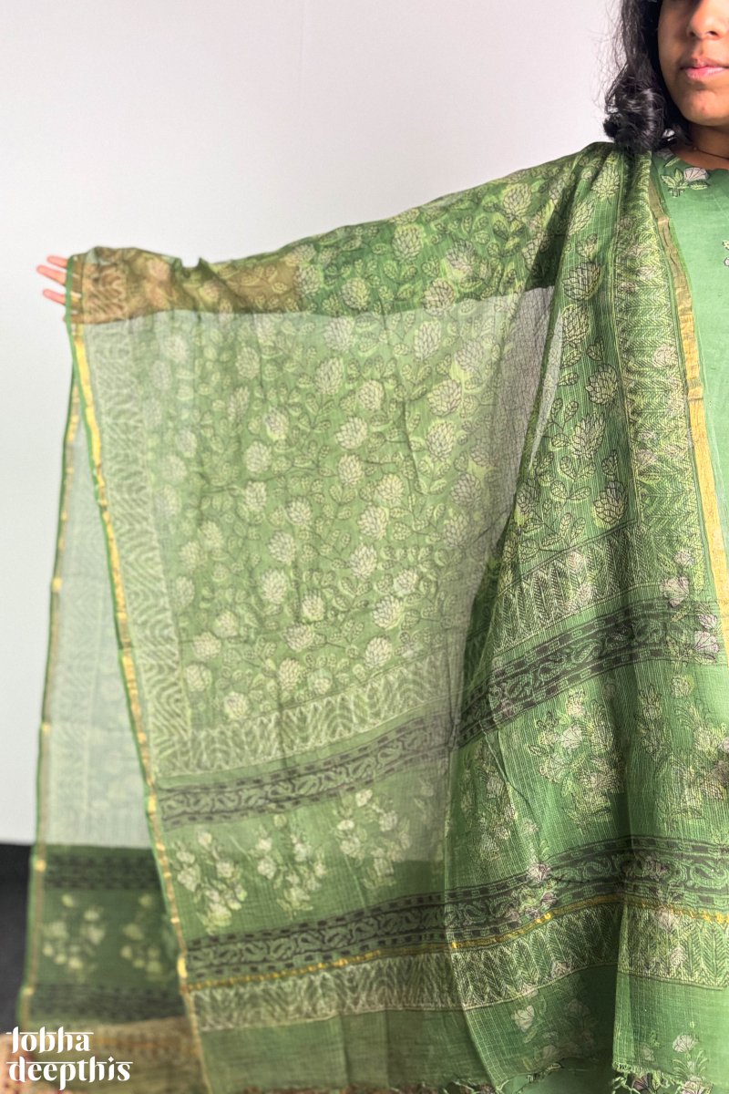 Emerald Green Sanganeri Kota Doria Dupatta - Lobha Deepthis