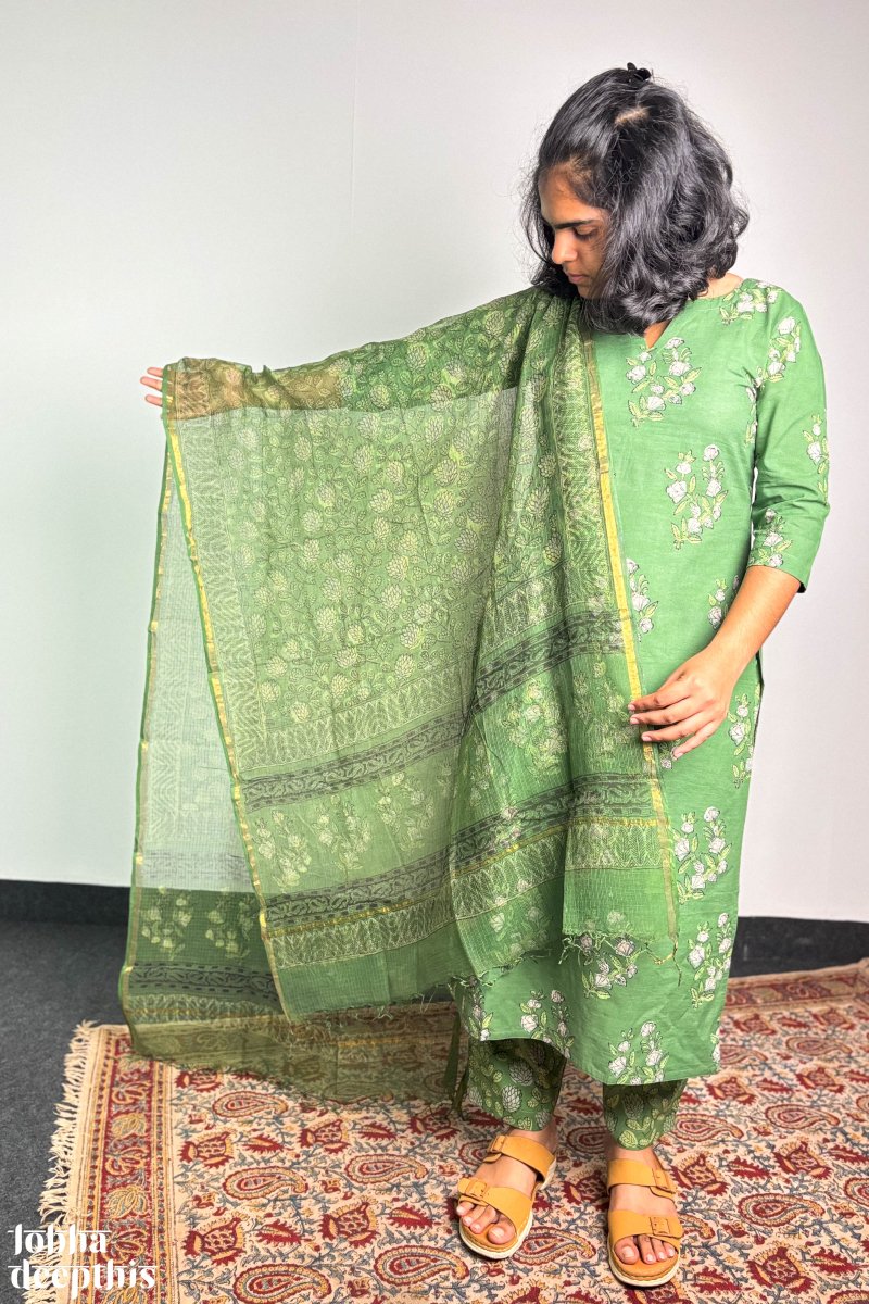 Emerald Green Sanganeri Kota Doria Dupatta - Lobha Deepthis