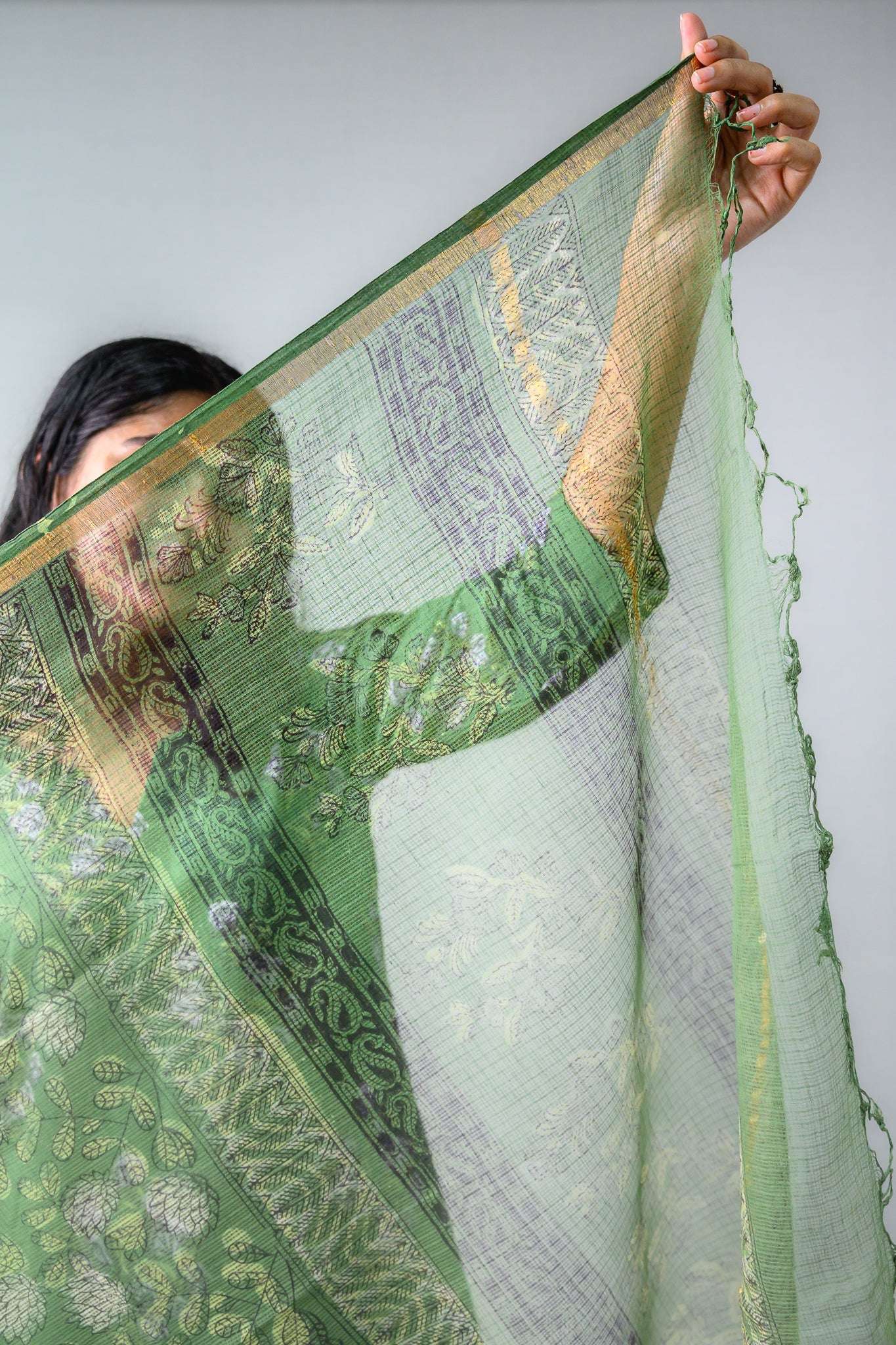 Emerald Green Sanganeri Kota Doria Dupatta - Lobha Deepthis