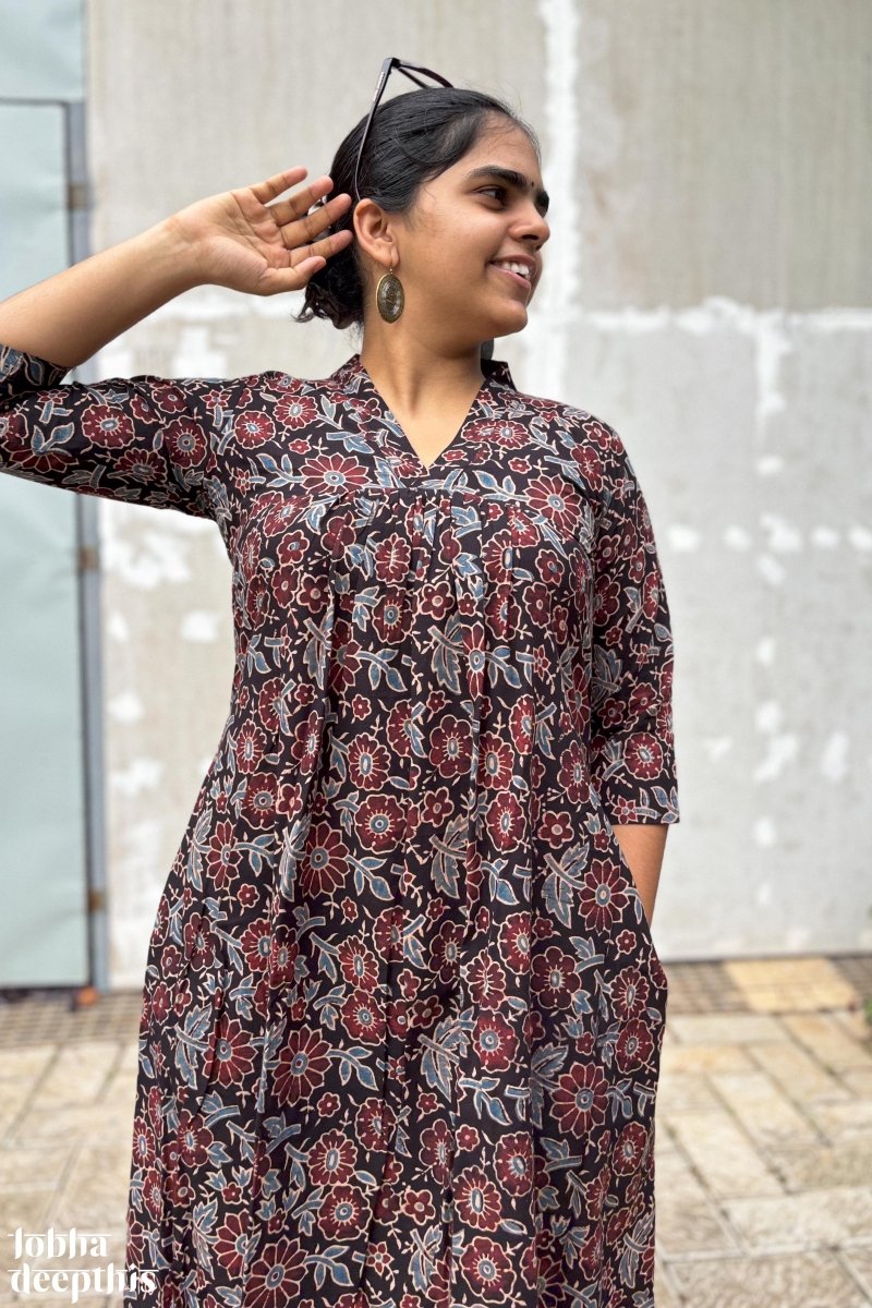 Florals on Black Ajrakh Dress - Lobha Deepthis