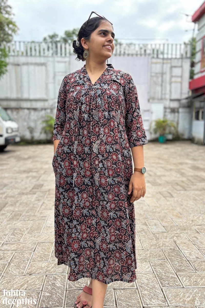 Florals on Black Ajrakh Dress - Lobha Deepthis